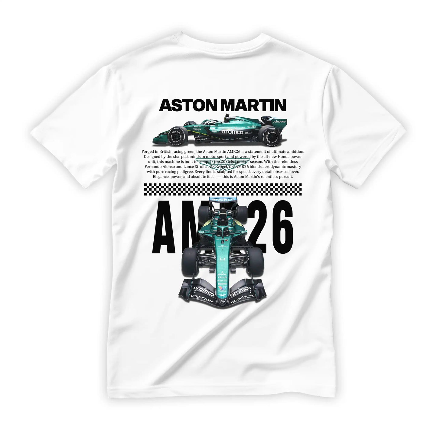 Biała koszulka bawełniana z nowoczesnym, technicznym nadrukiem na plecach, halftone bolidu Formuły 1 Aston Martin AMR26 na sezon 2026 z nazwiskami Fernando Alonso i Lance Stroll