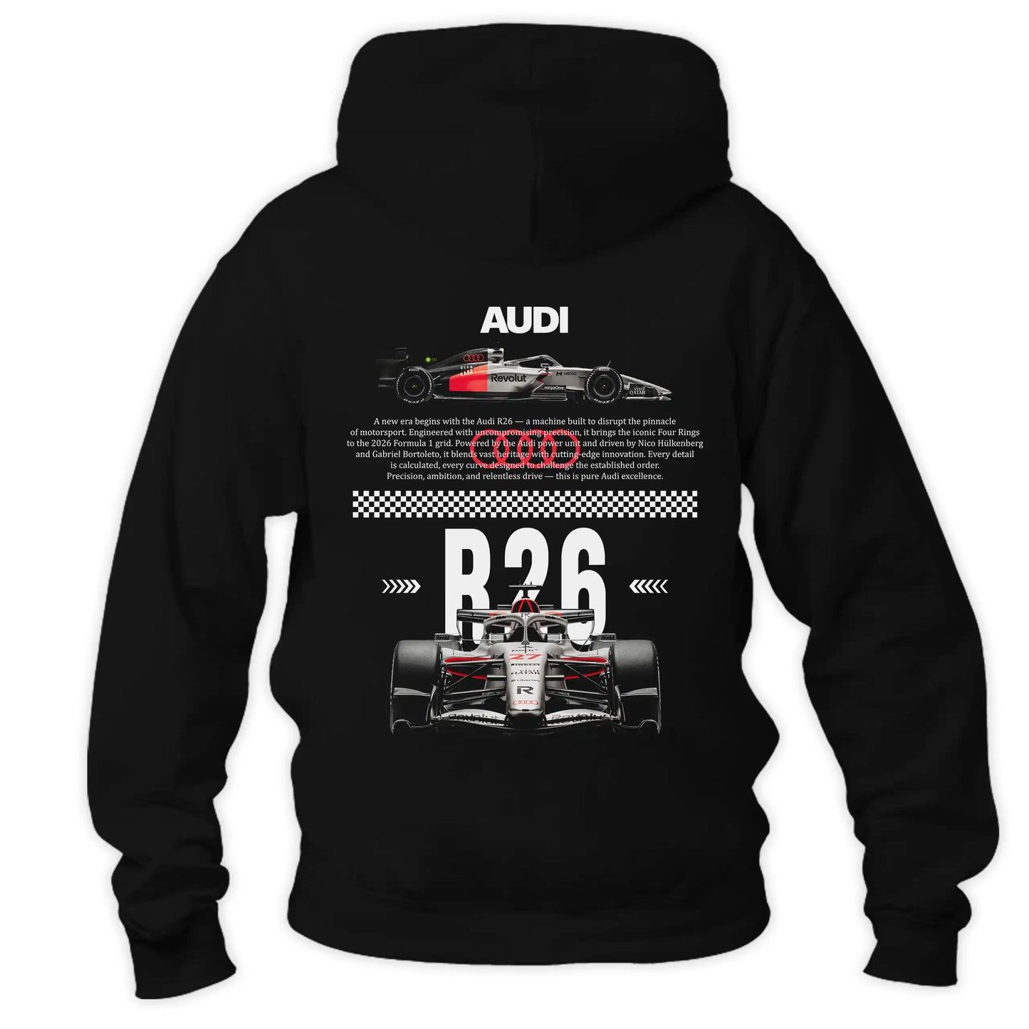 Czarna Bluza z kapturem typu kangurka widziana od tyłu, z potężnym, technicznym nadrukiem halftone bolidu Formuły 1 Audi R26 na plecach na sezon 2026