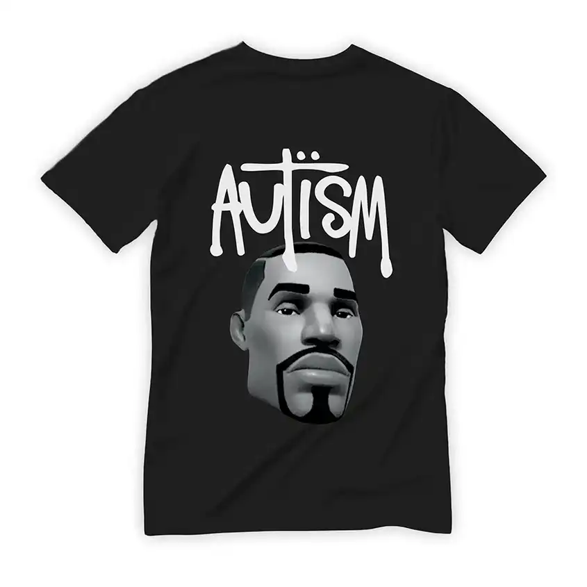 Czarna koszulka z napisem Autism i nadrukiem głowy mężczyzny w stylu 3D
