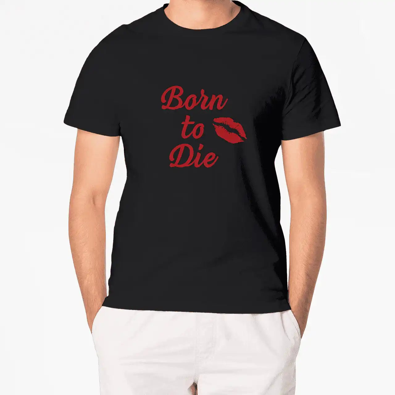 Czarna koszulka z czerwonym napisem Born to Die i nadrukiem ust