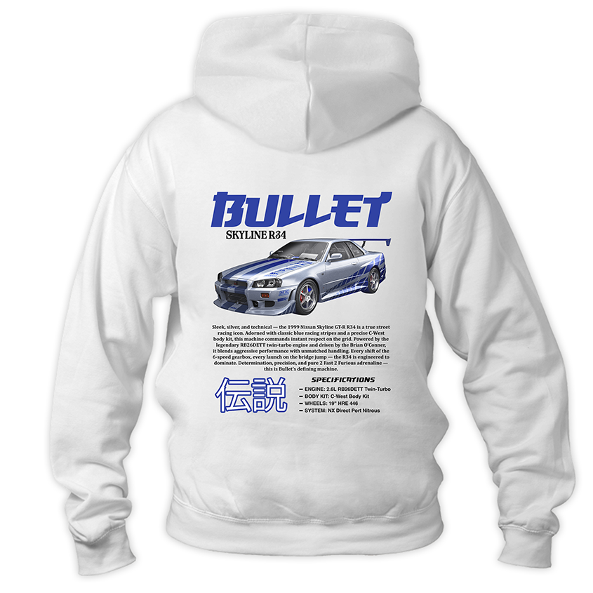 Biała bluza z kapturem typu kangurka, widok z przodu, z dużym nadrukiem przedstawiającym srebrnego Nissana Skyline R34 Bullet z Szybkich i Wściekłych w stylu Y2K JDM.
