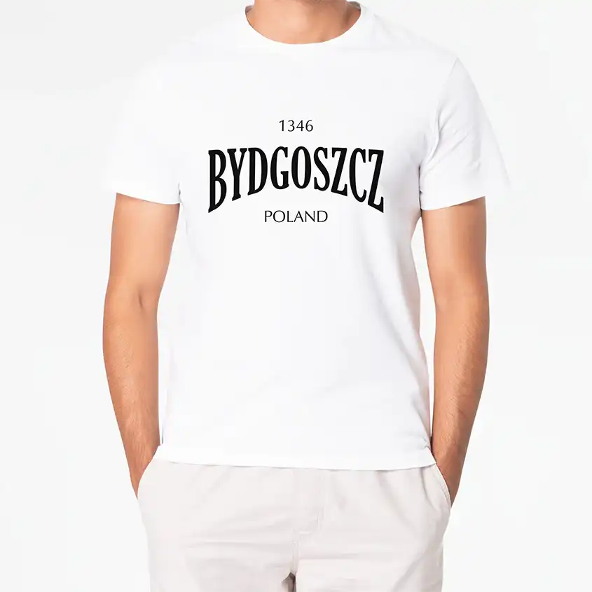 Biała koszulka z napisem 1346 BYDGOSZCZ POLAND, klasyczny styl, miejski motyw