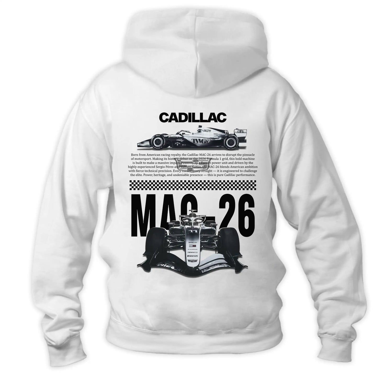 Biała Bluza z kapturem typu kangurka widziana od tyłu, z potężnym, technicznym nadrukiem halftone bolidu Formuły 1 Cadillac MAC-26 na plecach na sezon 2026
