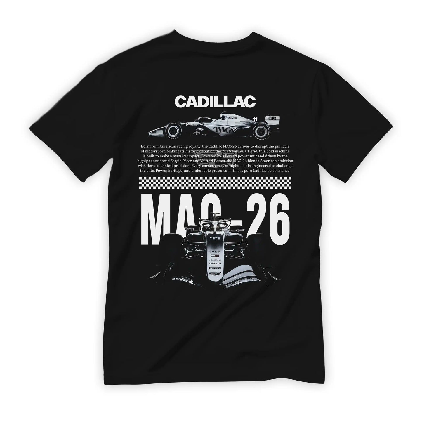 Czarna koszulka bawełniana z nowoczesnym, technicznym nadrukiem na plecach halftone bolidu Formuły 1 Cadillac MAC-26 na sezon 2026 z nazwiskami Sergio Pérez i Valtteri Bottas