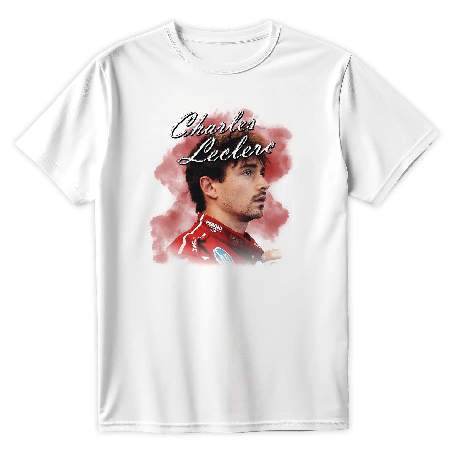 Biała Koszulka z krótkim rękawem z przodu, przedstawiająca artystyczny portret kierowcy F1 Charlesa Leclerca w technice halftone, stylizowany na barwy wyścigowe sezonu 2026.