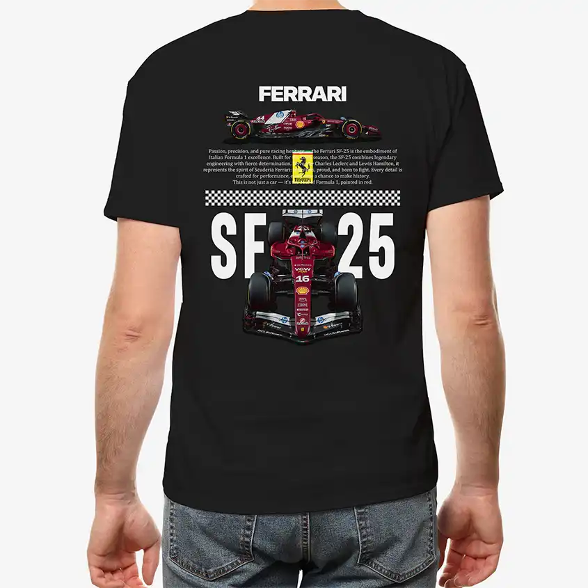 Czarna koszulka z dużym nadrukiem bolidu wyścigowego i napisem SF25 na plecach