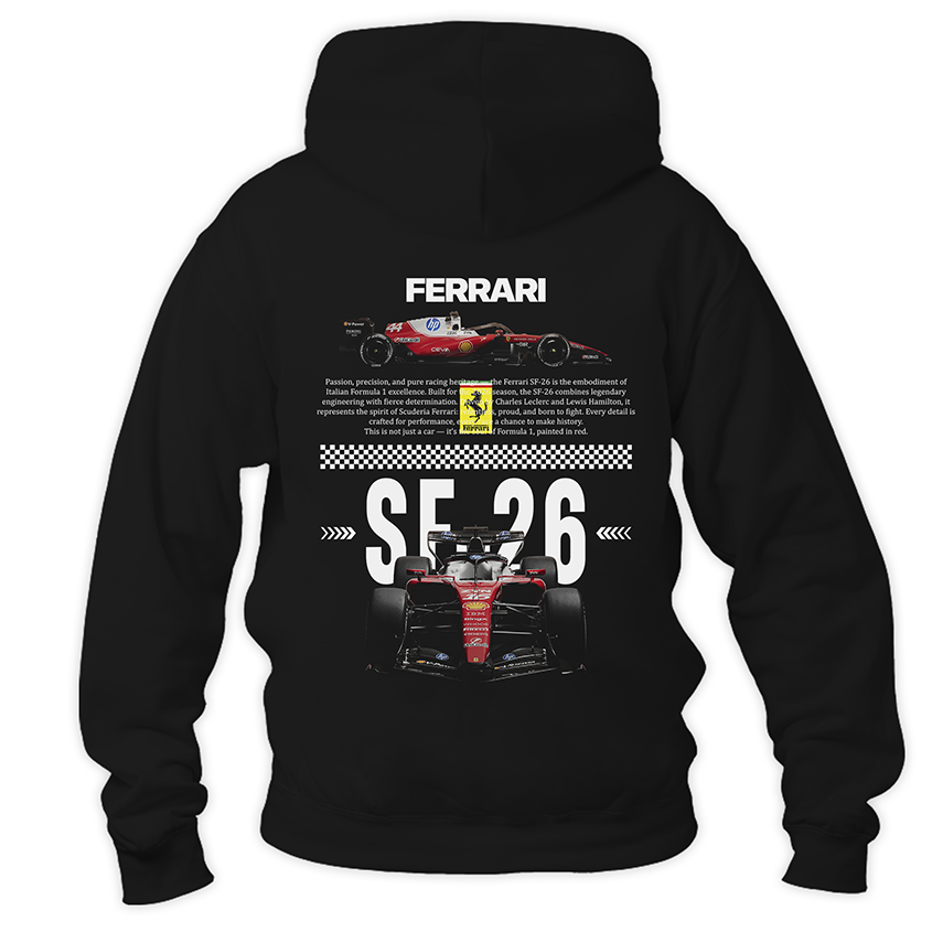 Czarna bluza z kapturem typu kangurka widziana od tyłu, z potężnym, technicznym nadrukiem halftone bolidu Formuły 1 Scuderia Ferrari SF-26 na plecach na sezon 2026