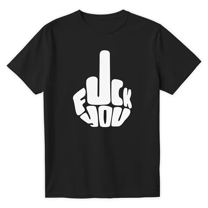 Czarna koszulka z białym nadrukiem środkowego palca i napisem FUCK YOU