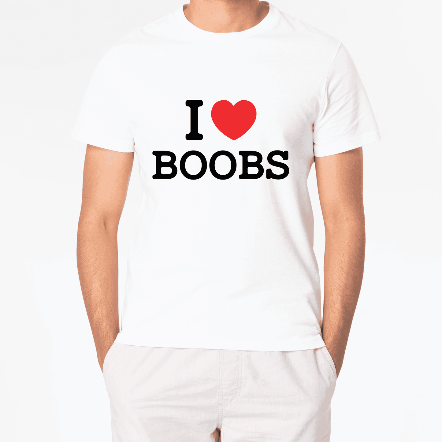 Biała koszulka z napisem I ♥ BOOBS, luźny styl na codzień, humorystyczny nadruk