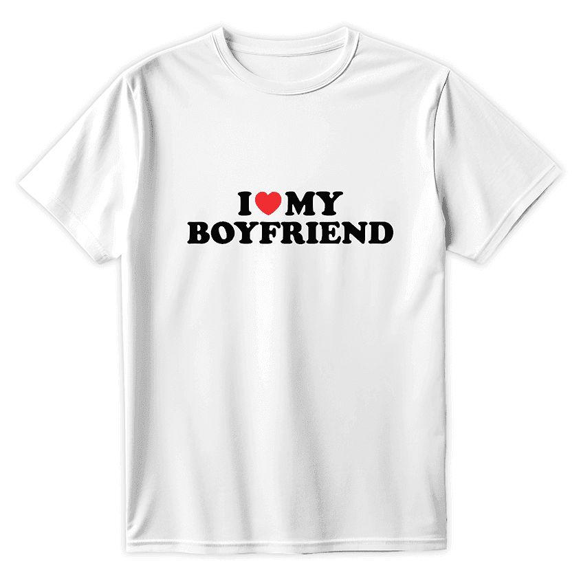 Biała koszulka z napisem I ❤️ MY BOYFRIEND, świetna na prezent dla chłopaka
