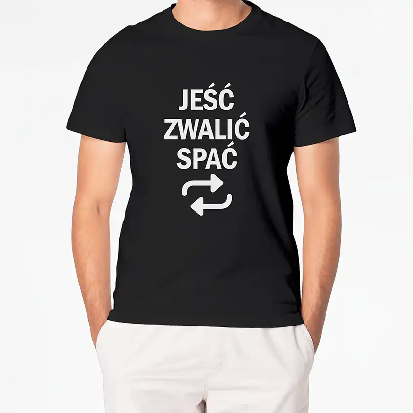 Czarna koszulka męska z napisem JEŚĆ ZWALIĆ SPAĆ i dwoma białymi strzałkami