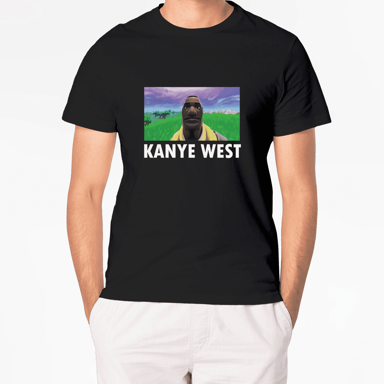 Czarna koszulka z nadrukiem kreskówkowej postaci na tle pola i napisem KANYE WEST