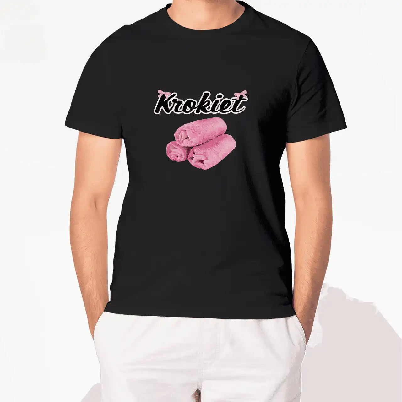 Czarna koszulka z napisem Krokiet i różowym nadrukiem trzech krokietów