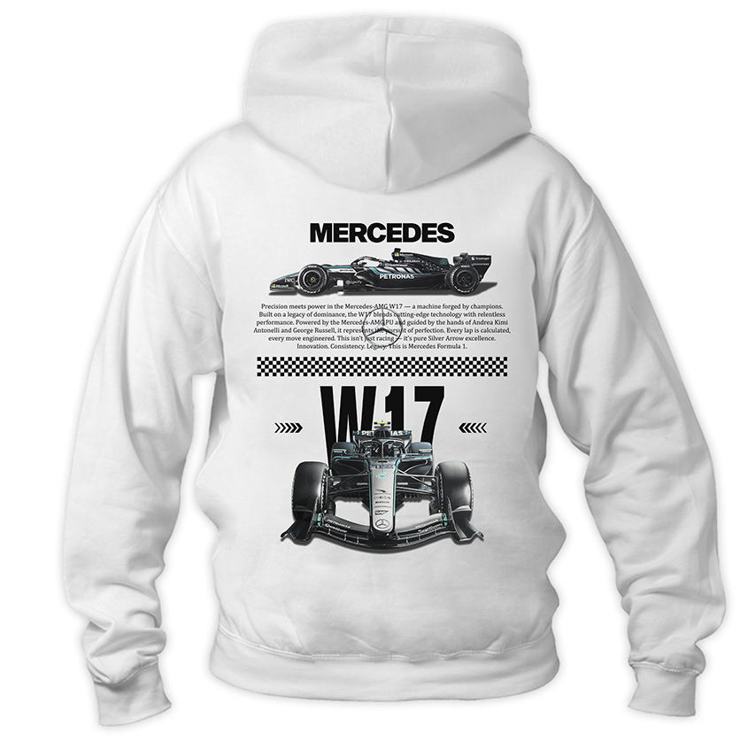 Biała bluza z kapturem typu kangurka widziana od tyłu, z potężnym, technicznym nadrukiem halftone bolidu Formuły 1 Mercedes-AMG W17 na plecach na sezon 2026
