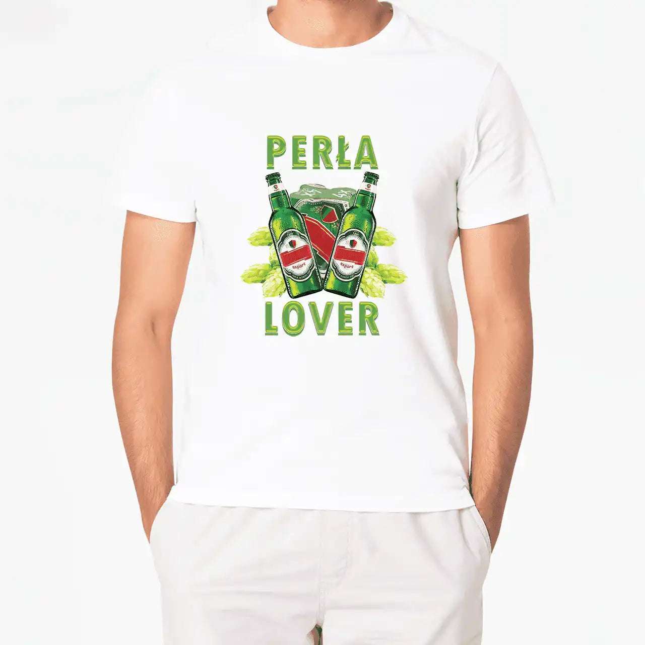 Biały t-shirt z grafiką dwóch butelek piwa i napisem PERŁA LOVER