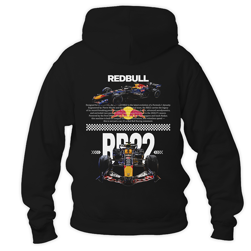 Czarna bluza z kapturem typu kangurka widziana od tyłu, z potężnym, technicznym nadrukiem halftone bolidu Formuły 1 Red Bull Racing RB22 na plecach na sezon 2026