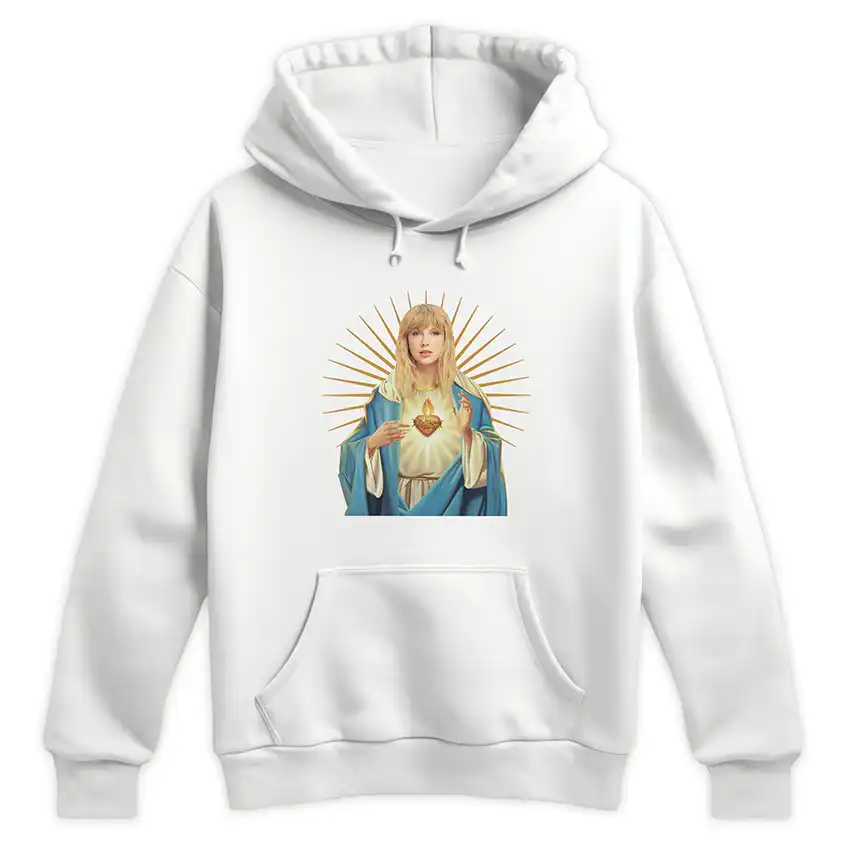 Biała bluza z kapturem i kolorowym nadrukiem postaci z aureolą na piersi.