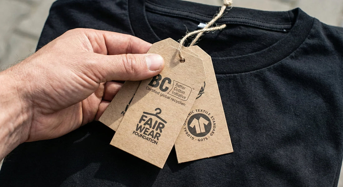 Zbliżenie na męską dłoń trzymającą kilka tekturowych metek z certyfikatami ekologicznymi przy czarnej bawełnianej koszulce.