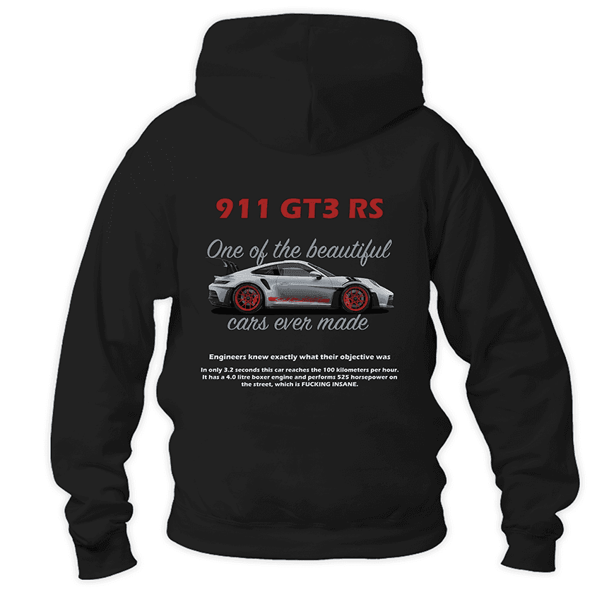 Czarna bluza z nadrukiem sportowego auta i napisem 911 GT3 RS na plecach
