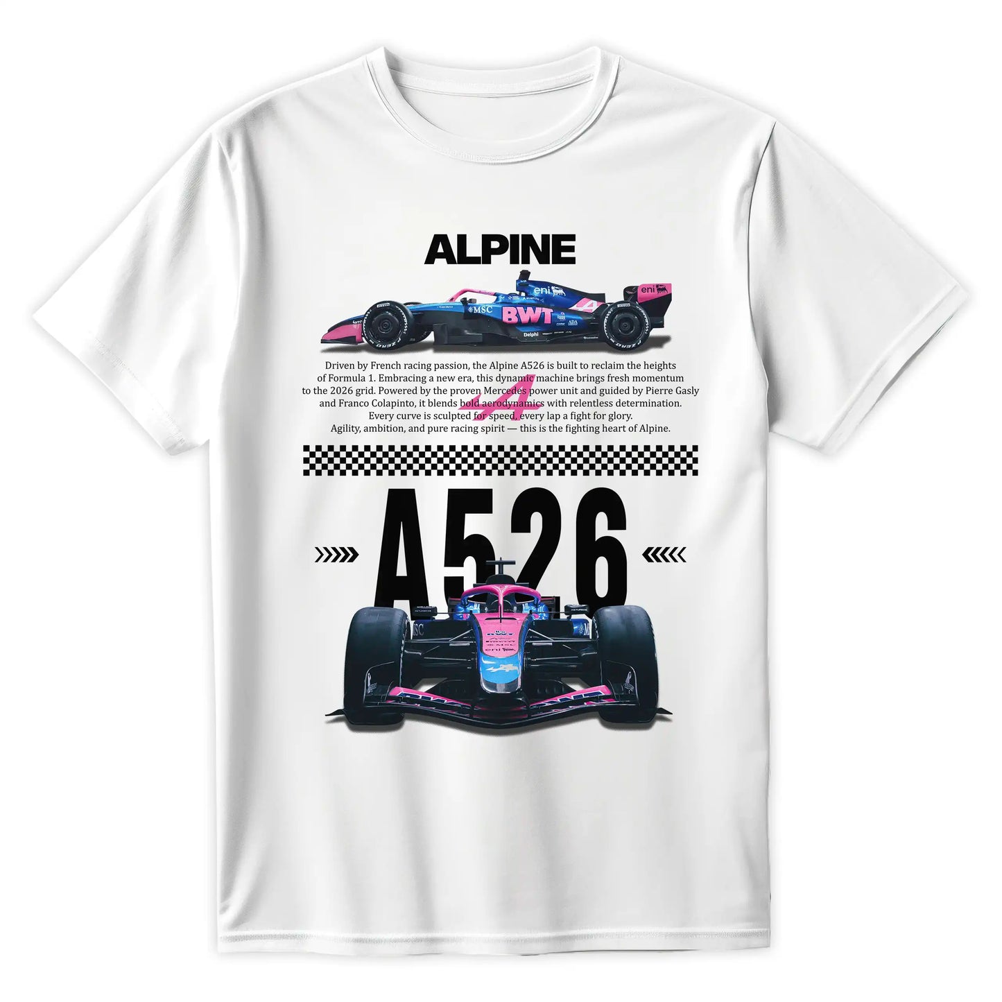 Biała koszulka bawełniana z nowoczesnym, technicznym nadrukiem halftone bolidu Formuły 1 Alpine A526 na sezon 2026 z nazwiskami Pierre Gasly i Franco Colapinto