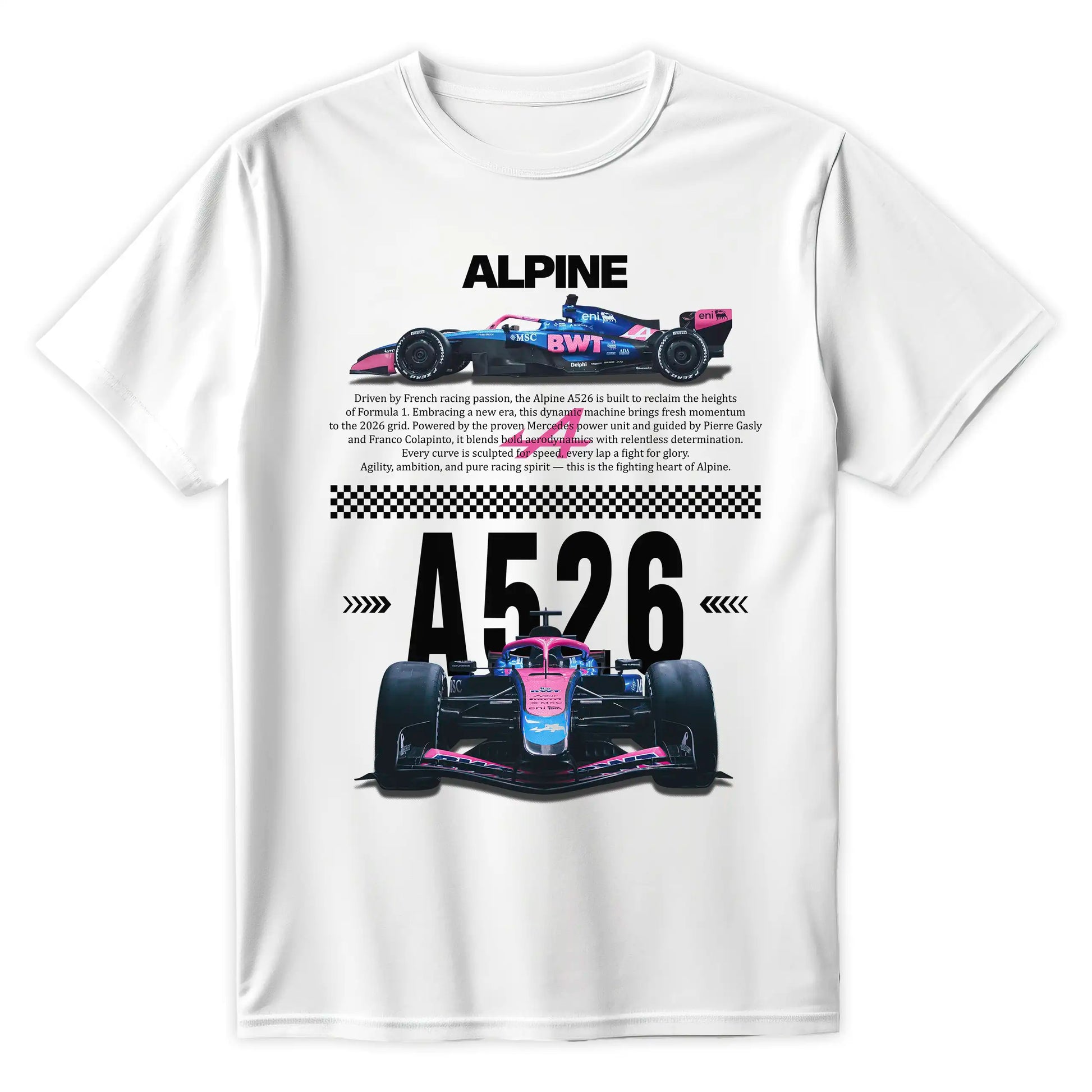 Biała koszulka bawełniana z nowoczesnym, technicznym nadrukiem halftone bolidu Formuły 1 Alpine A526 na sezon 2026 z nazwiskami Pierre Gasly i Franco Colapinto