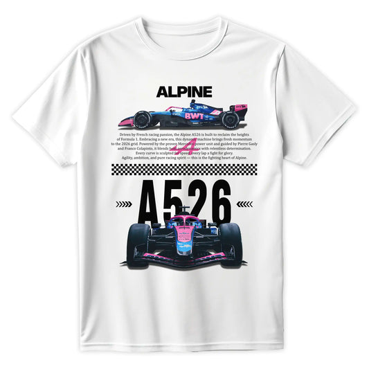 Biała koszulka bawełniana z nowoczesnym, technicznym nadrukiem halftone bolidu Formuły 1 Alpine A526 na sezon 2026 z nazwiskami Pierre Gasly i Franco Colapinto