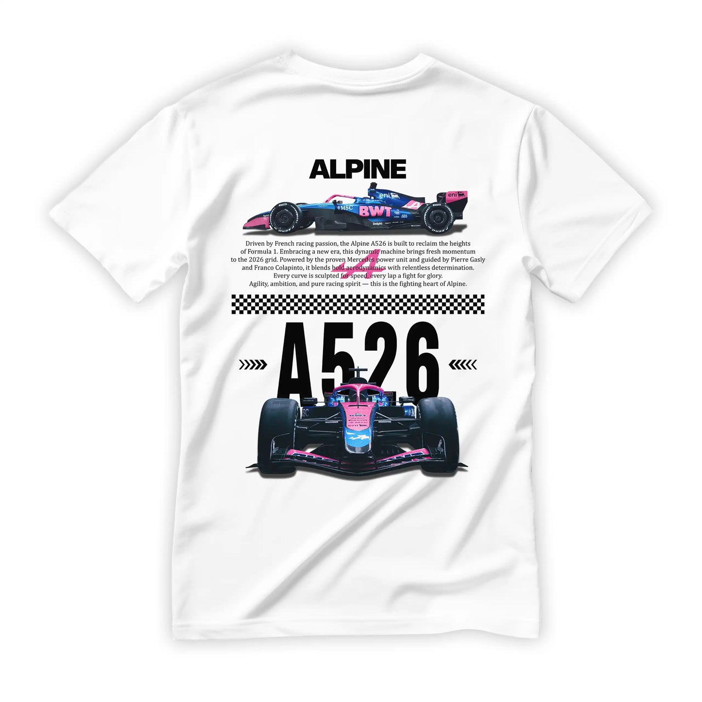 Biała koszulka bawełniana z nowoczesnym, technicznym nadrukiem na plecach, halftone bolidu Formuły 1 Alpine A526 na sezon 2026 z nazwiskami Pierre Gasly i Franco Colapinto