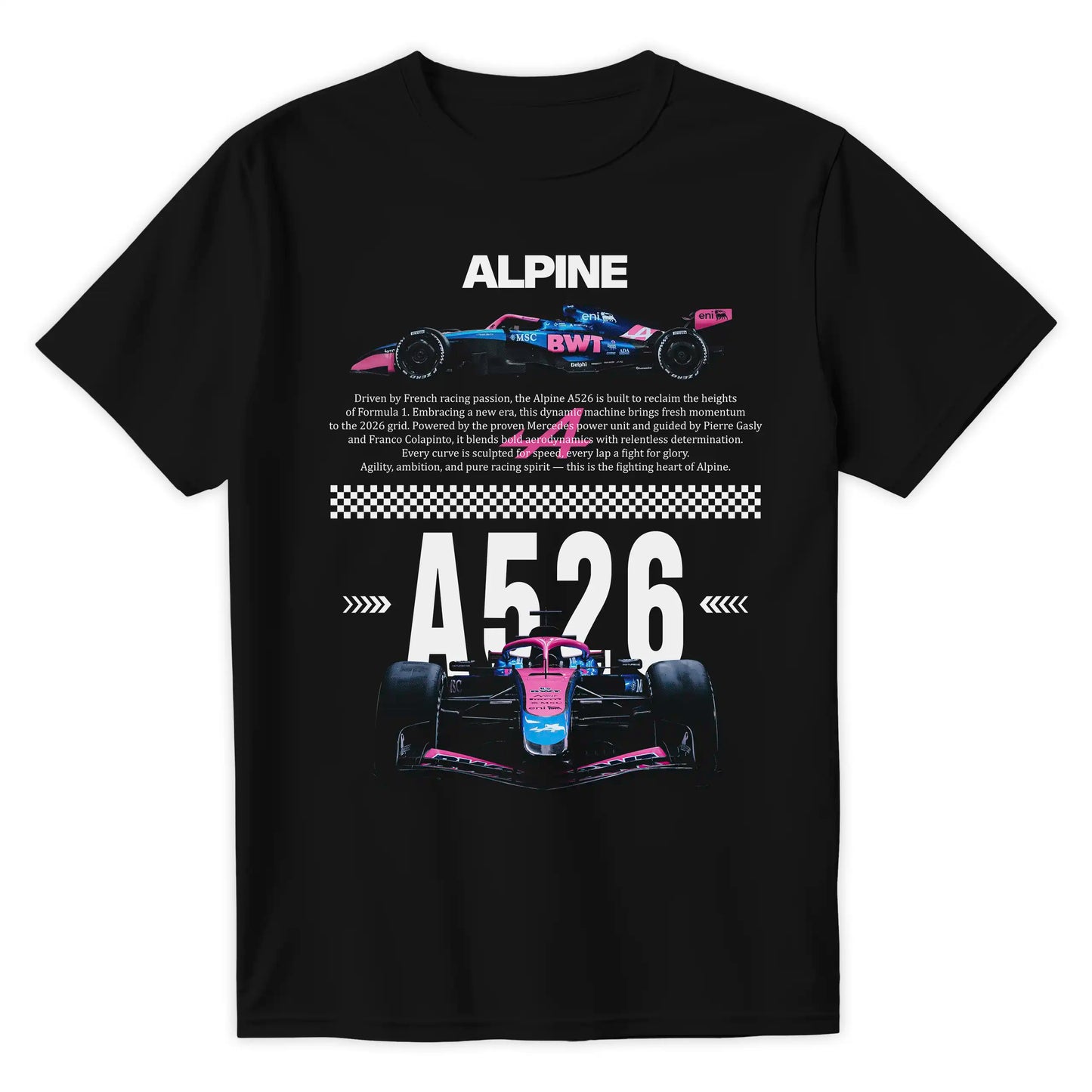 Czarna koszulka bawełniana z nowoczesnym, technicznym nadrukiem halftone bolidu Formuły 1 Alpine A526 na sezon 2026 z nazwiskami Pierre Gasly i Franco Colapinto