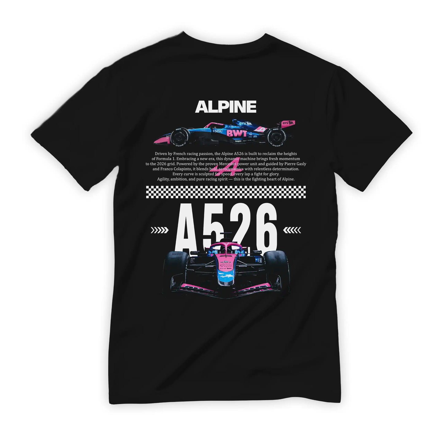 Czarna koszulka bawełniana z nowoczesnym, technicznym nadrukiem na plecach, halftone bolidu Formuły 1 Alpine A526 na sezon 2026 z nazwiskami Pierre Gasly i Franco Colapinto