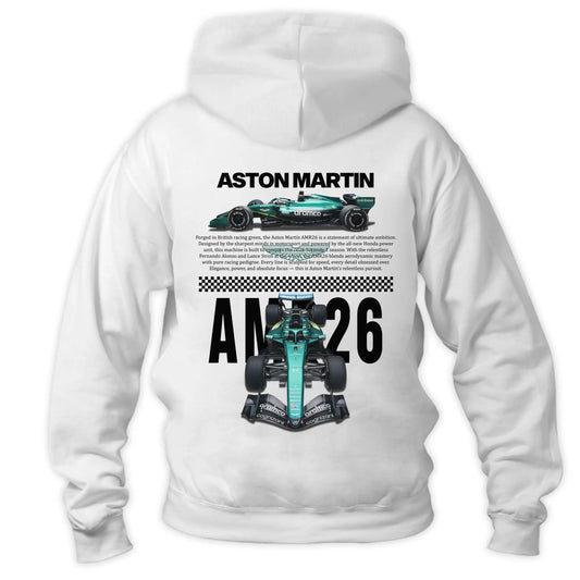 Biała bluza z kapturem typu kangurka widziana od tyłu, z potężnym, technicznym nadrukiem halftone bolidu Formuły 1 Aston Martin AMR26 na plecach na sezon 2026