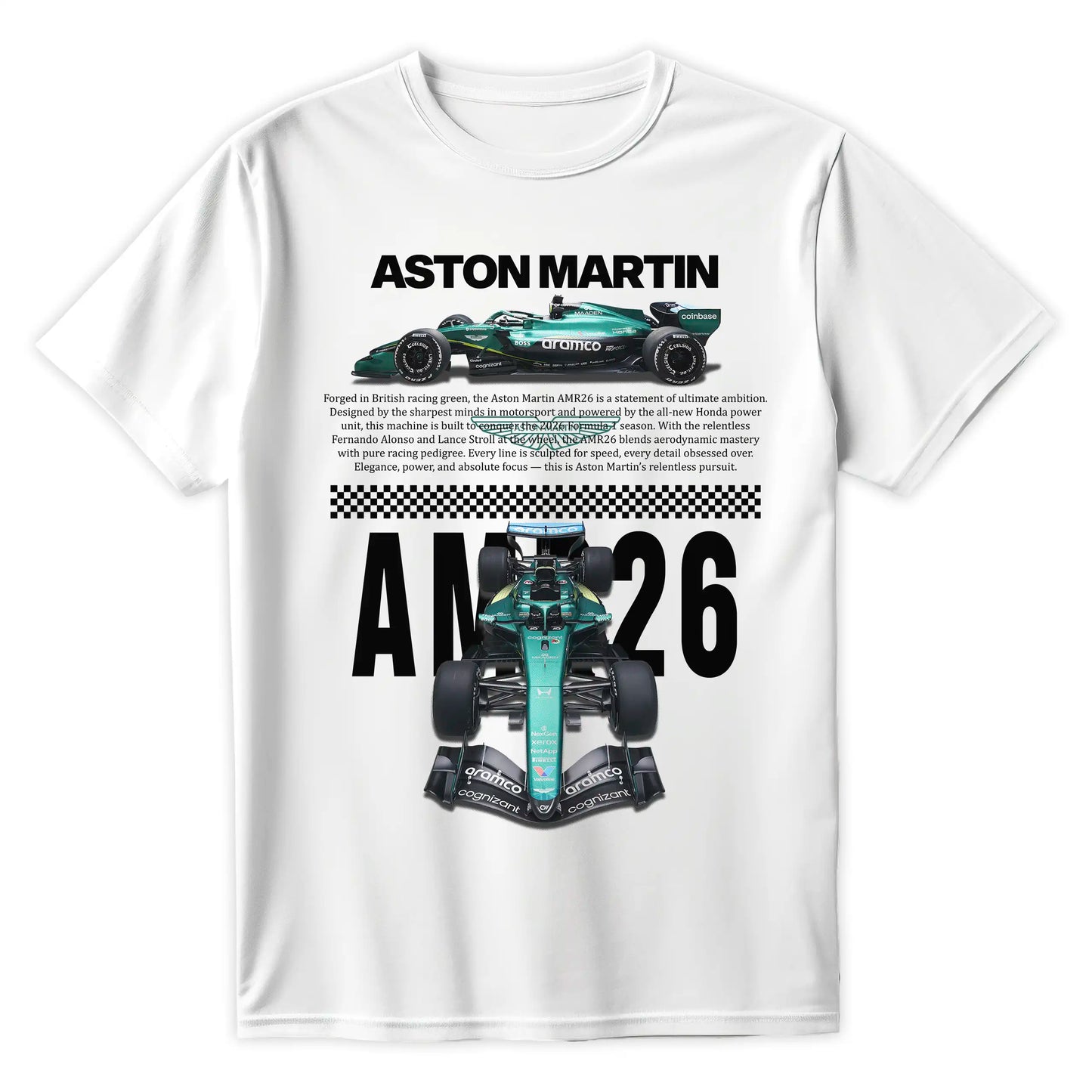 Biała koszulka bawełniana z nowoczesnym, technicznym nadrukiem halftone bolidu Formuły 1 Aston Martin AMR26 na sezon 2026 z nazwiskami Fernando Alonso i Lance Stroll