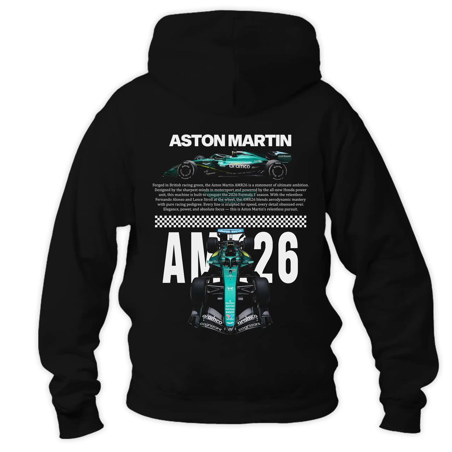 Czarna bluza z kapturem typu kangurka widziana od tyłu, z potężnym, technicznym nadrukiem halftone bolidu Formuły 1 Aston Martin AMR26 na plecach na sezon 2026