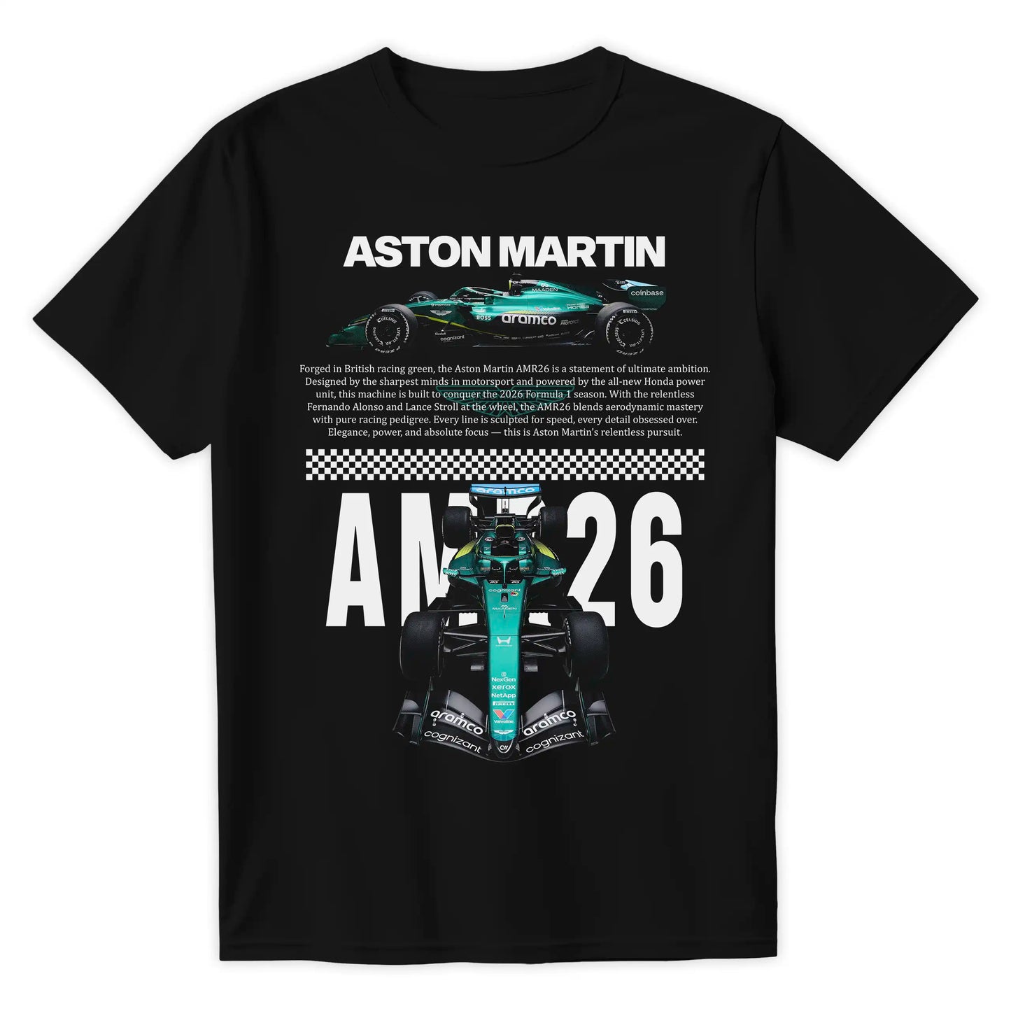 Czarna koszulka bawełniana z nowoczesnym, technicznym nadrukiem halftone bolidu Formuły 1 Aston Martin AMR26 na sezon 2026 z nazwiskami Fernando Alonso i Lance Stroll