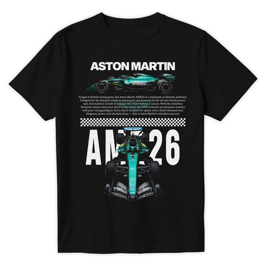 Czarna koszulka bawełniana z nowoczesnym, technicznym nadrukiem halftone bolidu Formuły 1 Aston Martin AMR26 na sezon 2026 z nazwiskami Fernando Alonso i Lance Stroll