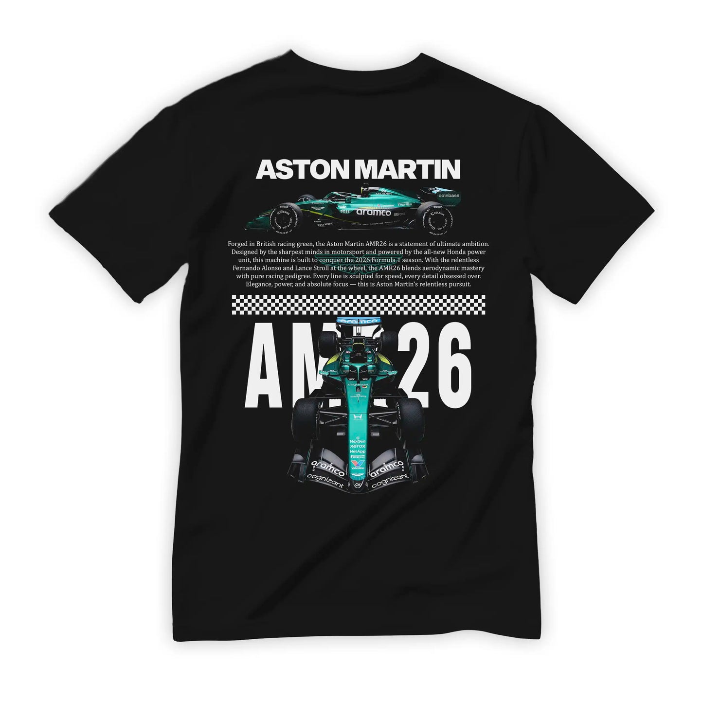 Czarna koszulka bawełniana z nowoczesnym, technicznym nadrukiem na plecach, halftone bolidu Formuły 1 Aston Martin AMR26 na sezon 2026 z nazwiskami Fernando Alonso i Lance Stroll