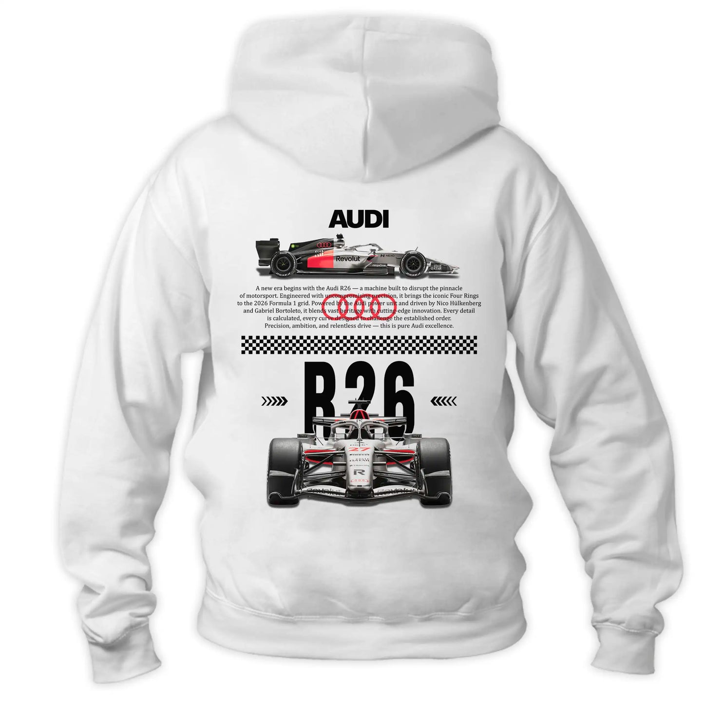 Biała Bluza z kapturem typu kangurka widziana od tyłu, z potężnym, technicznym nadrukiem halftone bolidu Formuły 1 Audi R26 na plecach na sezon 2026