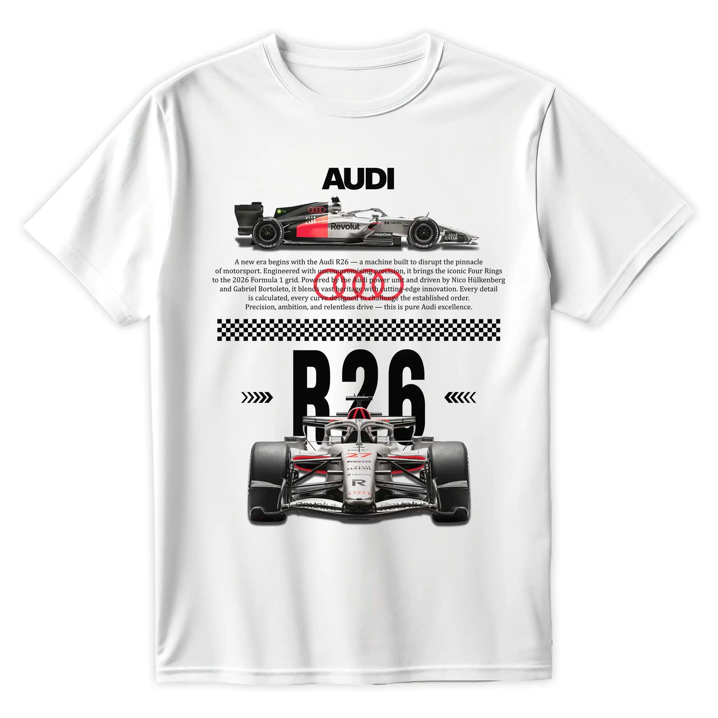 Biała koszulka bawełniana z nowoczesnym, technicznym nadrukiem halftone bolidu Formuły 1 Audi R26 na sezon 2026 z nazwiskami Hülkenberg i Bortoleto