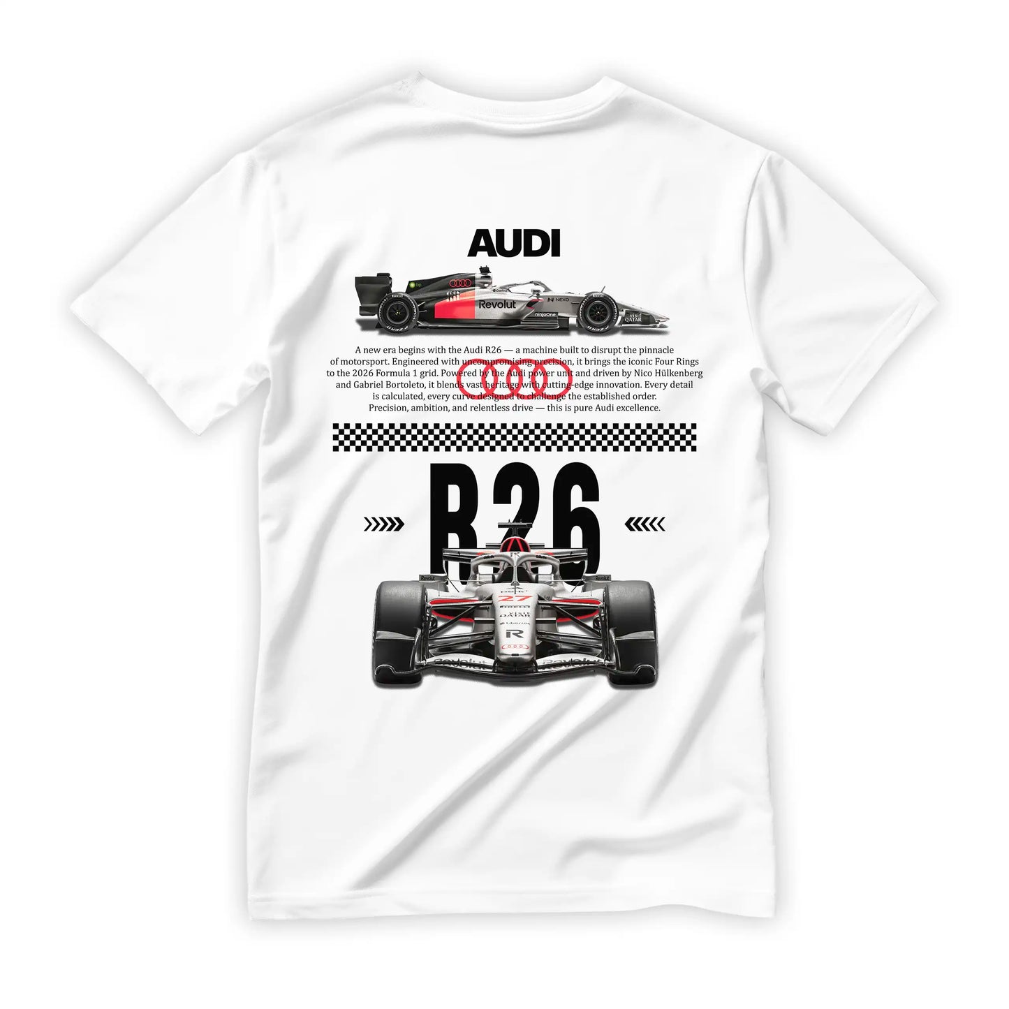 Biała koszulka bawełniana z nowoczesnym, technicznym nadrukiem na plecach halftone bolidu Formuły 1 Audi R26 na sezon 2026 z nazwiskami Hülkenberg i Bortoleto