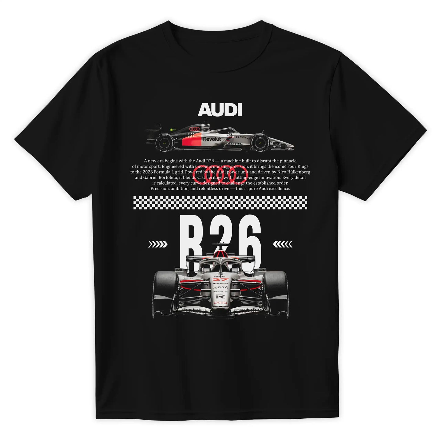 Czarna koszulka bawełniana z nowoczesnym, technicznym nadrukiem halftone bolidu Formuły 1 Audi R26 na sezon 2026 z nazwiskami Hülkenberg i Bortoleto