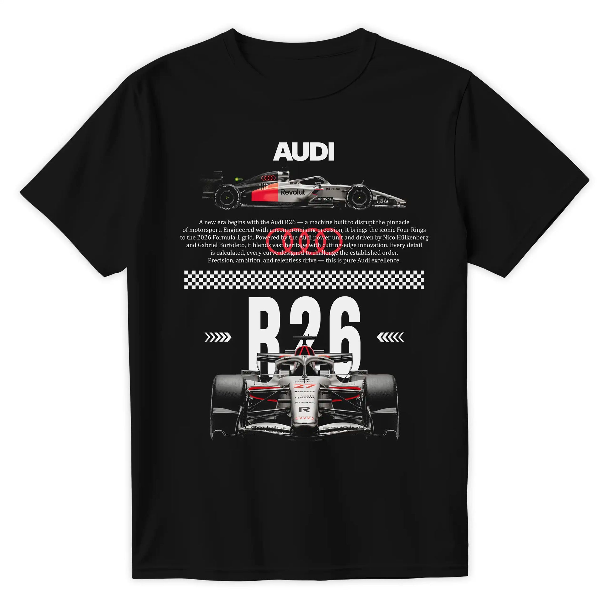 Czarna koszulka bawełniana z nowoczesnym, technicznym nadrukiem halftone bolidu Formuły 1 Audi R26 na sezon 2026 z nazwiskami Hülkenberg i Bortoleto
