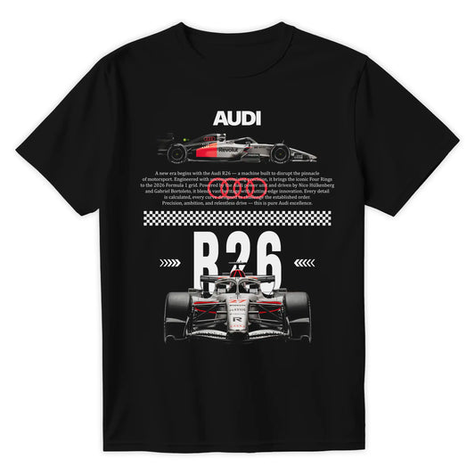 Czarna koszulka bawełniana z nowoczesnym, technicznym nadrukiem halftone bolidu Formuły 1 Audi R26 na sezon 2026 z nazwiskami Hülkenberg i Bortoleto
