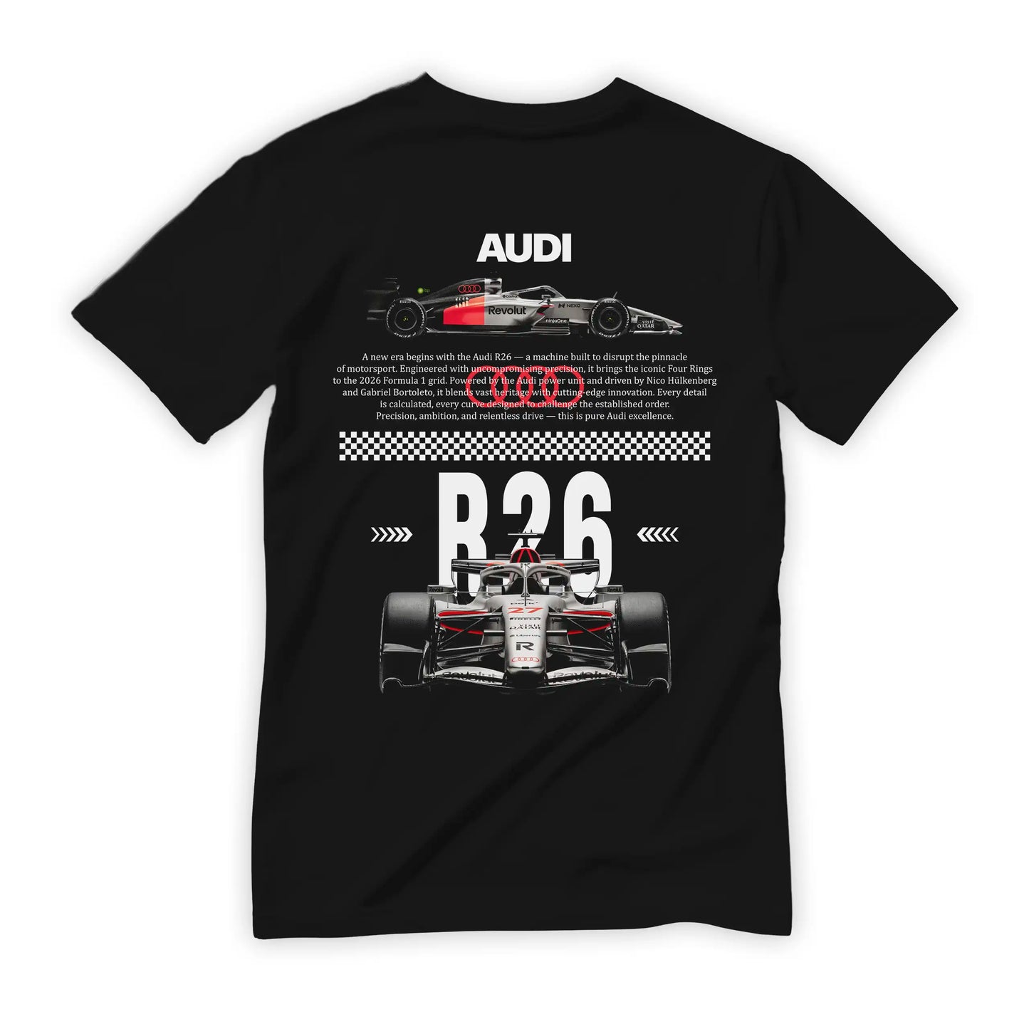 Czarna koszulka bawełniana z nowoczesnym, technicznym nadrukiem na plecach halftone bolidu Formuły 1 Audi R26 na sezon 2026 z nazwiskami Hülkenberg i Bortoleto