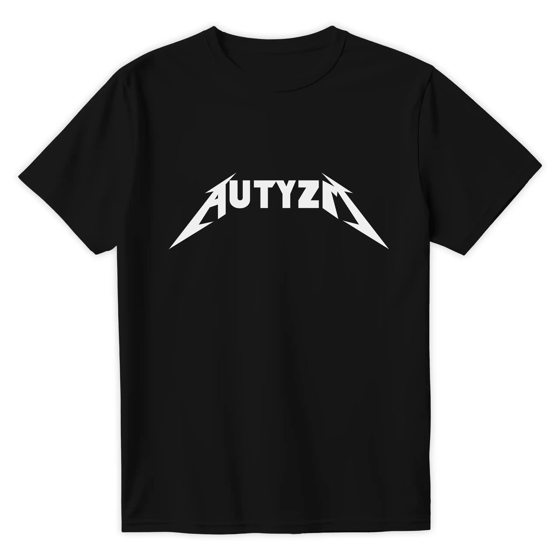 Czarna koszulka z zabawnym napisem AUTYZM stylizowanym na ostre, piorunujące logo znanego zespołu heavy metalowego