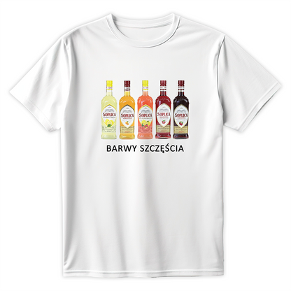 Biała koszulka z kolorowym nadrukiem pięciu butelek wódki owocowej i białym napisem Barwy Szczęścia