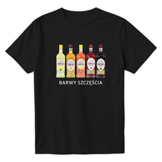Czarna koszulka z kolorowym nadrukiem pięciu butelek wódki owocowej i białym napisem Barwy Szczęścia