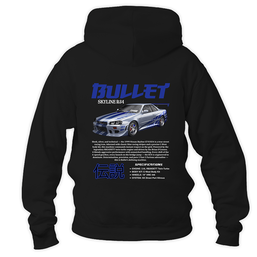 Czarna bluza z kapturem typu kangurka, widok z przodu, z dużym nadrukiem przedstawiającym srebrnego Nissana Skyline R34 Bullet z Szybkich i Wściekłych w stylu Y2K JDM.
