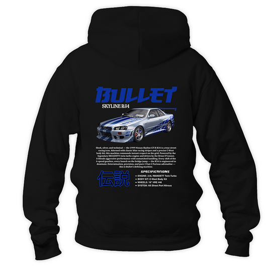 Czarna bluza z kapturem typu kangurka, widok z przodu, z dużym nadrukiem przedstawiającym srebrnego Nissana Skyline R34 Bullet z Szybkich i Wściekłych w stylu Y2K JDM.
