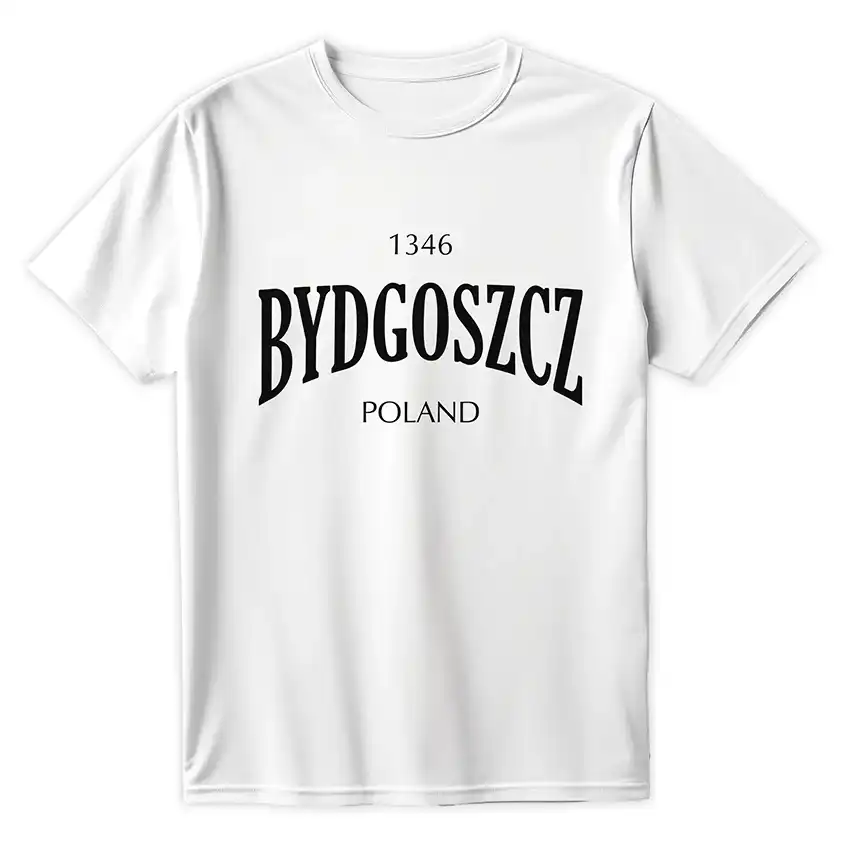 Biała koszulka z czarnym napisem 1346 BYDGOSZCZ POLAND na przodzie