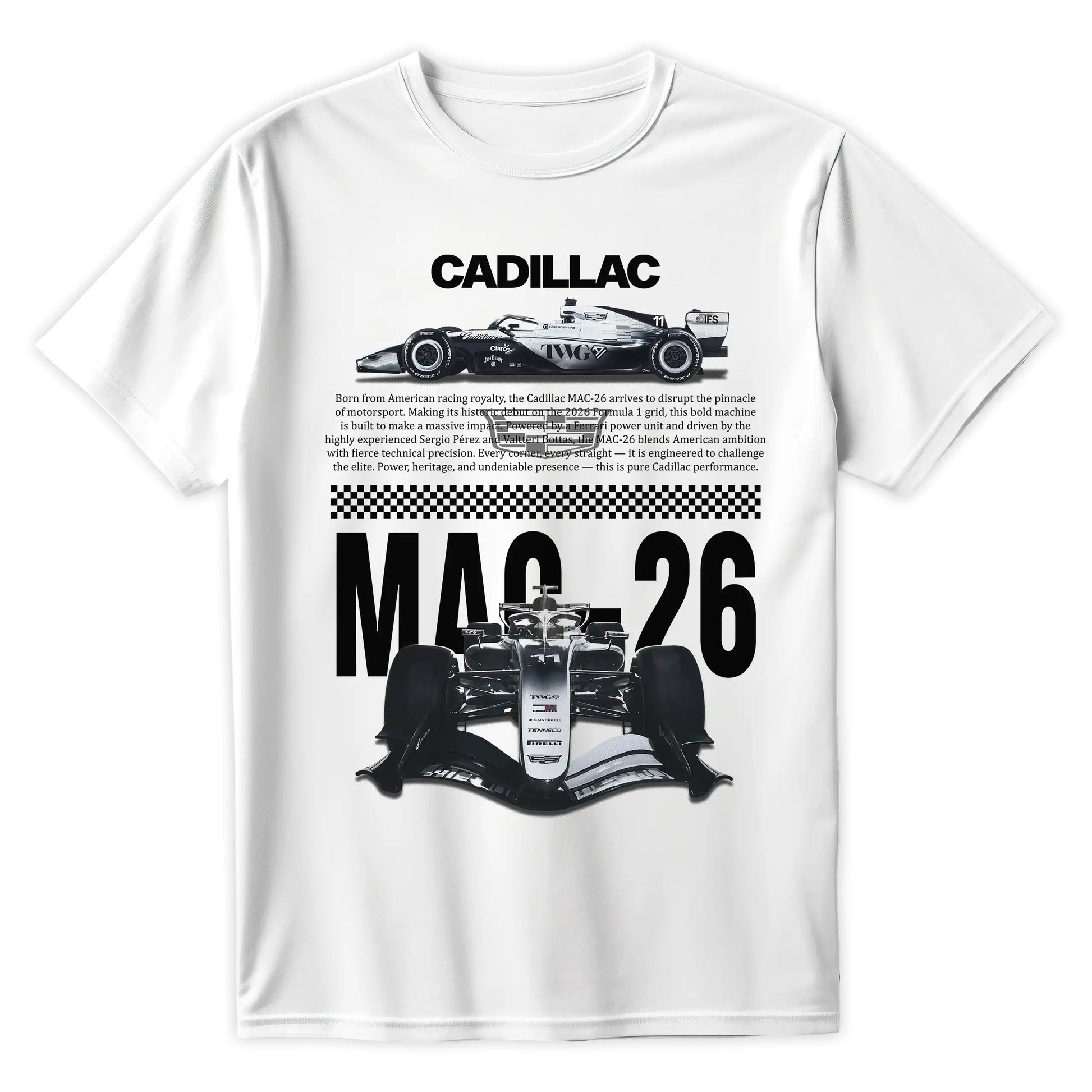 Biała koszulka bawełniana z nowoczesnym, technicznym nadrukiem halftone bolidu Formuły 1 Cadillac MAC-26 na sezon 2026 z nazwiskami Sergio Pérez i Valtteri Bottas