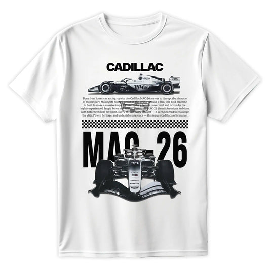 Biała koszulka bawełniana z nowoczesnym, technicznym nadrukiem halftone bolidu Formuły 1 Cadillac MAC-26 na sezon 2026 z nazwiskami Sergio Pérez i Valtteri Bottas